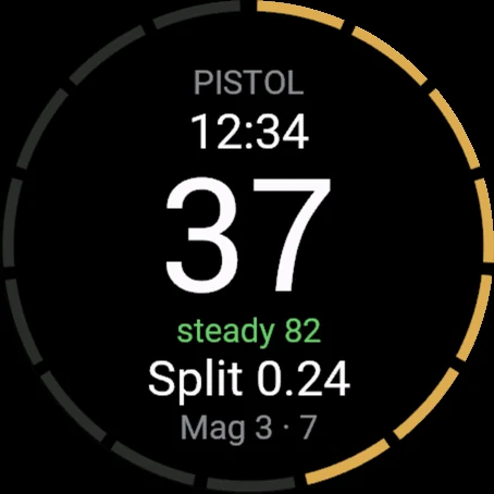 Recoil on a Garmin watch: pistol, 37 rounds, steady 82, split 0.24, magazine 3 with 7 rounds